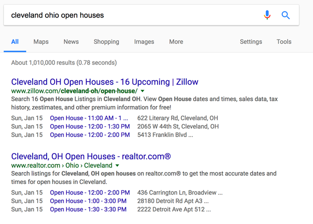 Google search results for Cleveland Ohio Open Houses